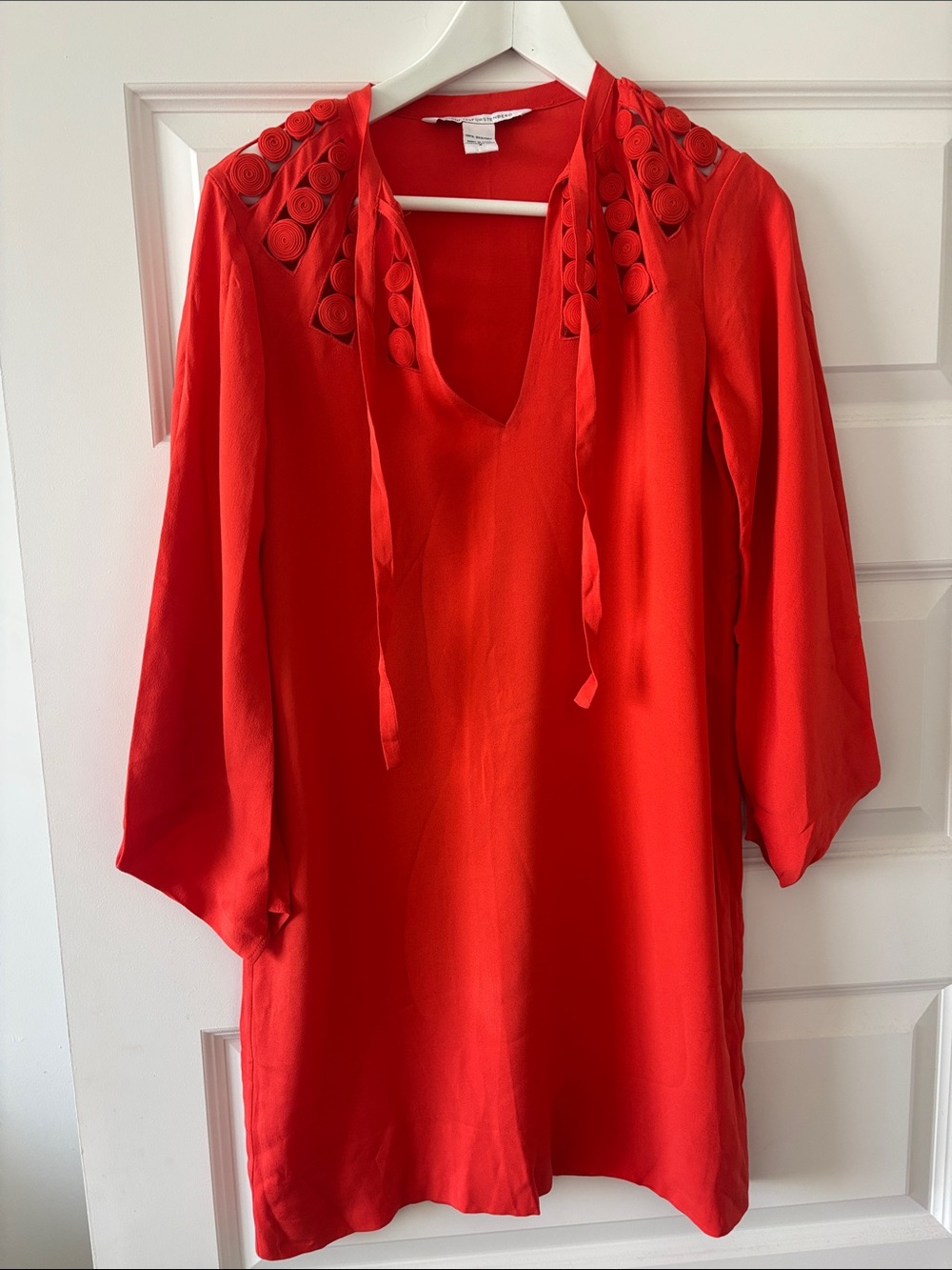 Diane Von Furstenberg Coral Mini Dress with Rosette Shoulder Detail Boho Chic